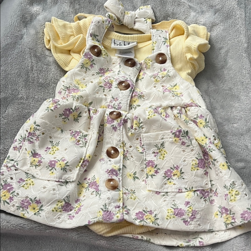 Nicole Miller Cream Floral Eyelet Overalls with Yellow Knit Top